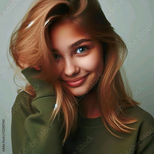 Jeune femme charmante avec un sourire timide, brune avec un pull vert foncé.