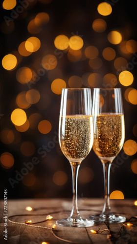 Two glasses of champagne on bokeh background. New Year and Christmas concept