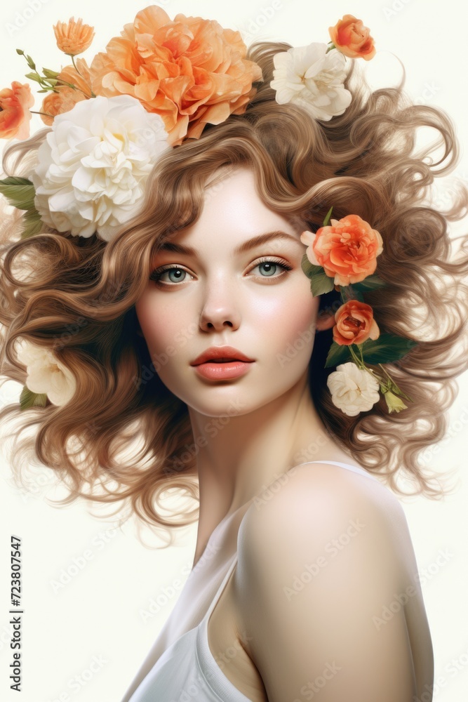 A woman with flowers in her hair. This versatile image can be used for various purposes