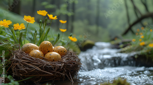 Bird Nest Filled With Eggs Perched on River Bank © Daniel