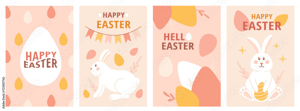 Happy Easter card, poster set. Easter eggs, bunny. Spring modern vector illustration