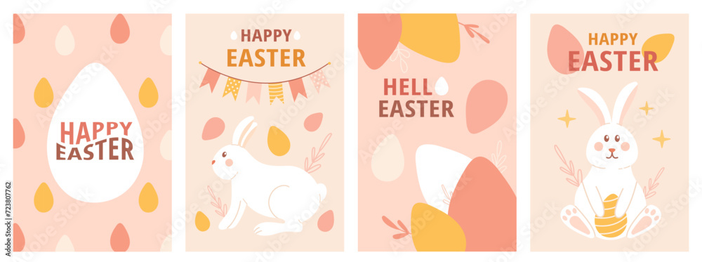 Happy Easter card, poster set. Easter eggs, bunny. Spring modern vector illustration Happy Easter card, poster set. Easter eggs, bunny. Spring modern vector illustration
