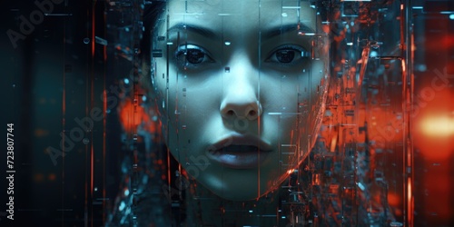 Close up of a woman s face with red lights in the background. Versatile image for various uses