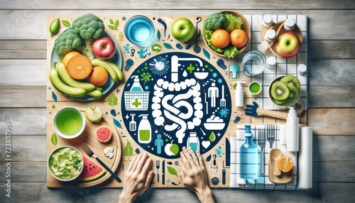 A scene promoting prevention of intestinal infections, focusing on clean eating, hygiene, and a healthy lifestyle, with elements like hand washing, fresh produce, and clean water