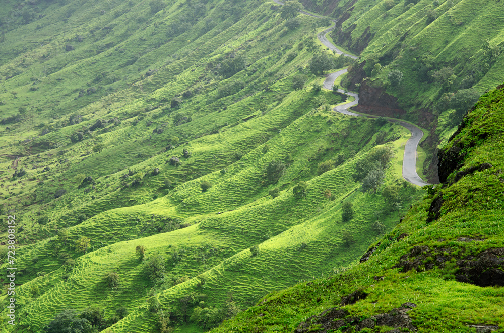 Asphalt road in the mountains. Western ghats. Satara, Maharashtra, India, Asia. Background. Backdrop. Wallpaper.