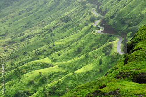 Asphalt road in the mountains. Western ghats. Satara  Maharashtra  India  Asia. Background. Backdrop. Wallpaper.