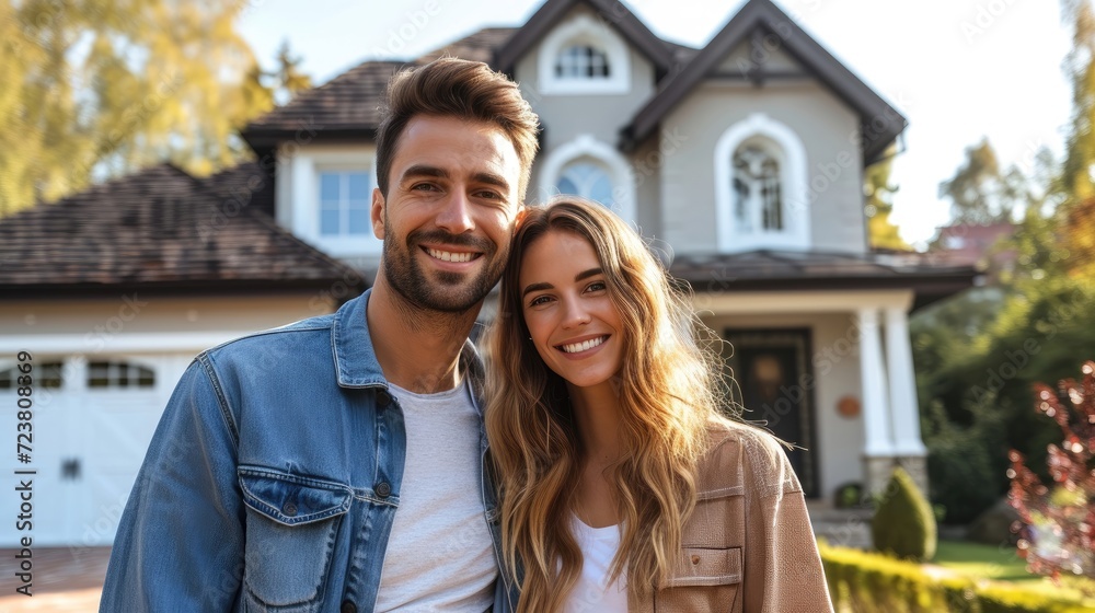 Smiling couple in front of their suburban house.