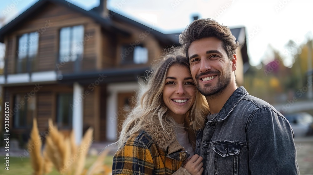 Happy couple embracing in front of a log cabin home.