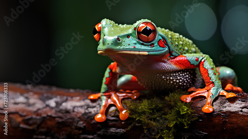    Brightly colored frog with bright red eyes. Perched on a stationary branch  it stands out against dark background. Frogs are brightly colored to warn predators that I am poisonous  so don t eat me.