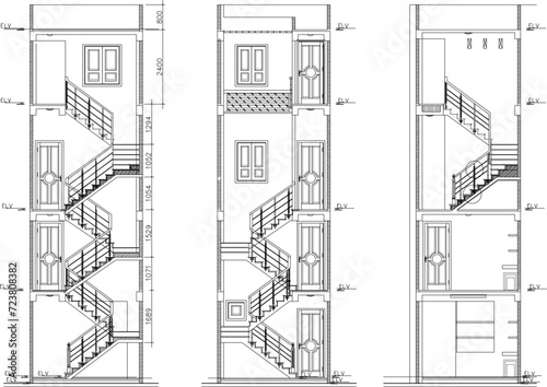 Sketch vector illustration of technical drawing design, detailed construction of a multi-storey shophouse section