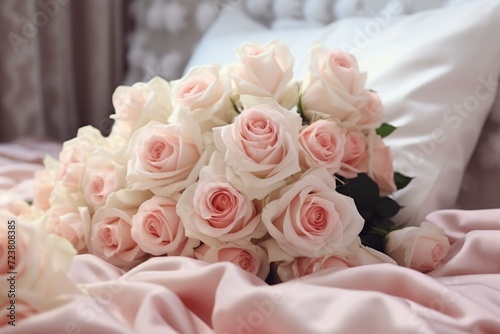 A beautiful bouquet of white and pink roses placed on a bed. Perfect for romantic occasions or as a decorative element in interior design