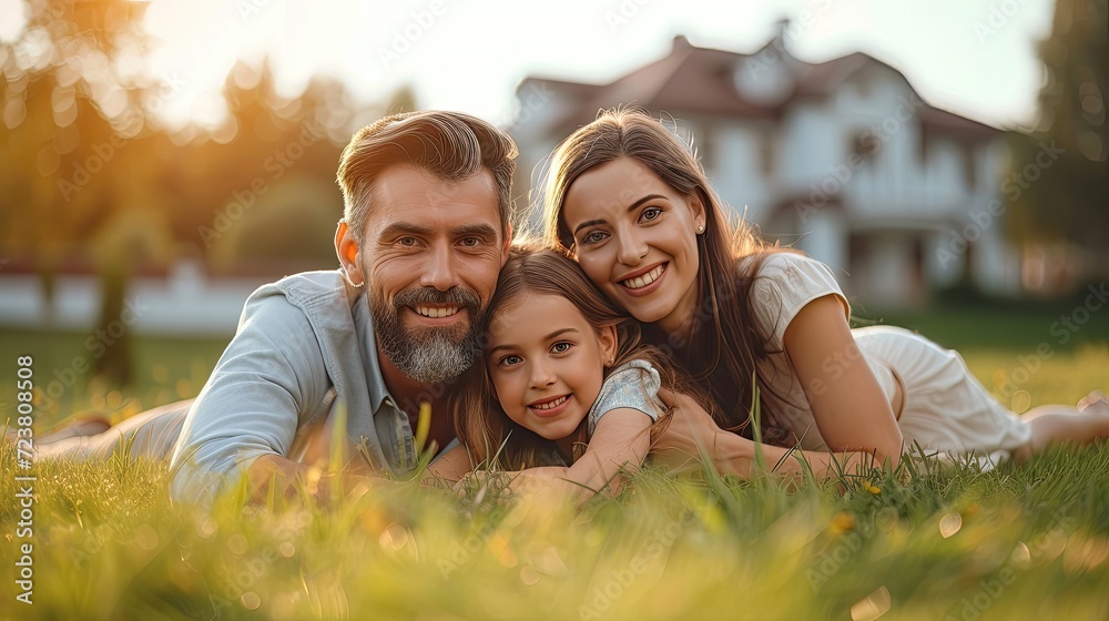 Family with young daughter lying on grass, house in background at sunset. Family with young daughter lying on grass, house in background at sunset.