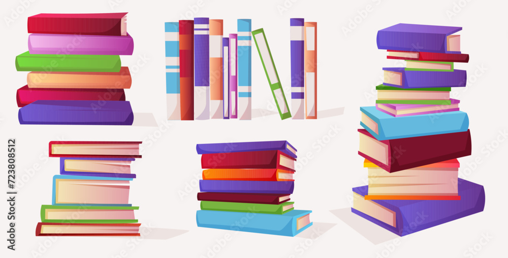 Set of stack library books front, side view. School literary collection education books. University literature bookstore. Bookshelf of encyclopedia isolated on white background. Vector illustration Set of stack library books front, side view. School literary collection education books. University literature bookstore. Bookshelf of encyclopedia isolated on white background. Vector illustration