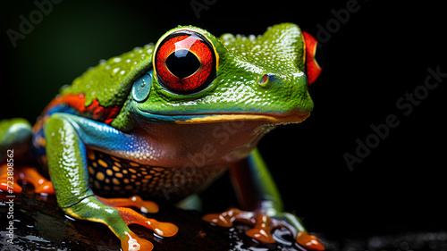 ฺBrightly colored frog with bright red eyes. Perched on a stationary branch, it stands out against dark background. Frogs are brightly colored to warn predators that I am poisonous, so don't eat me.
