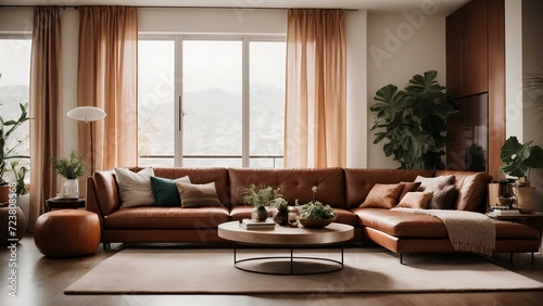 Cozy modern minimalist modern living room with a leather brown sofa.