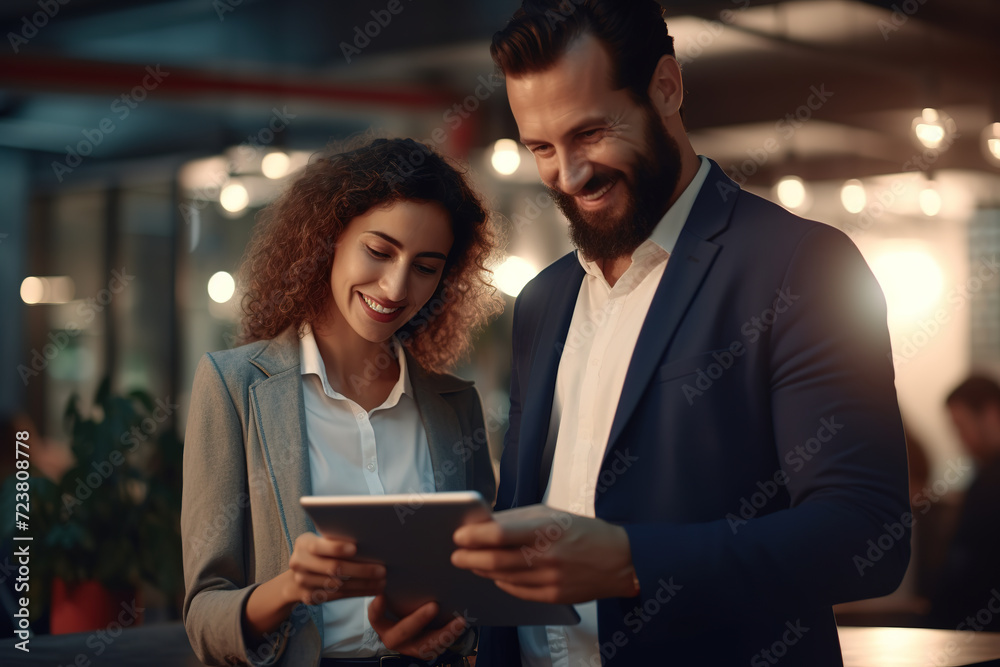 Smiling businesswoman and businessman using tablet device while discussing business-related data in the office.
