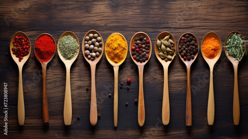 Various spices in wooden spoons on wooden background. Top view . photo
