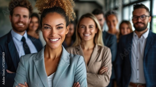 Confident businesswoman leading a diverse team of professionals.