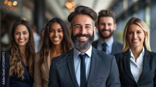 Smiling businessman with a diverse group of colleagues.