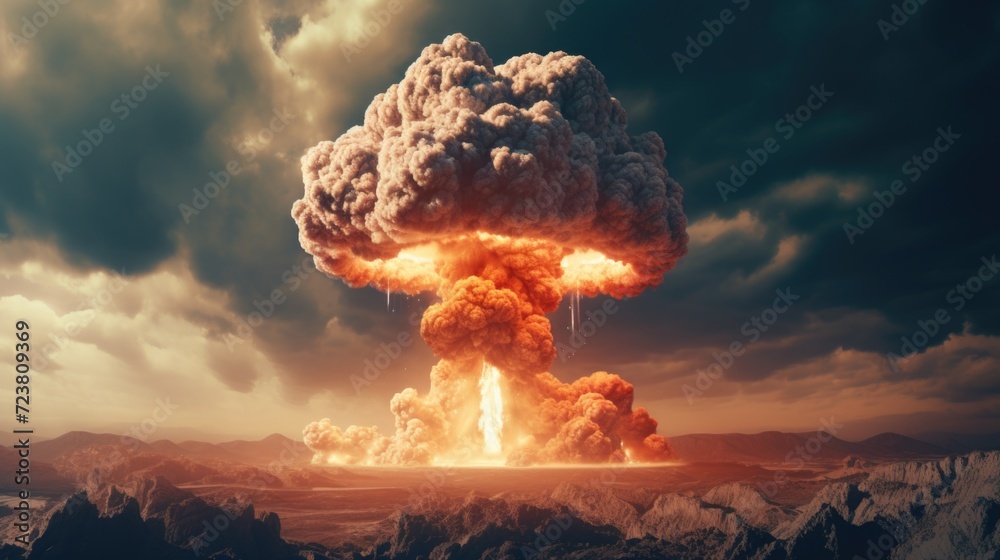 A powerful and ominous mushroom cloud fills the sky, depicting a