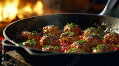 A pan filled with delicious meatballs covered in savory sauce. Perfect for a comforting meal or a party appetizer