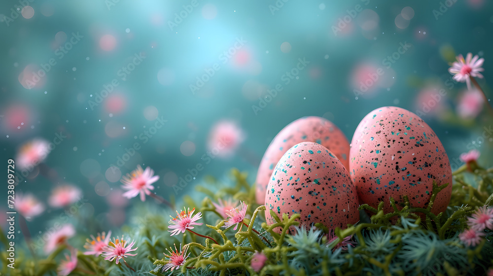 Three Pink Eggs on Top of a Green Plant Three Pink Eggs on Top of a Green Plant