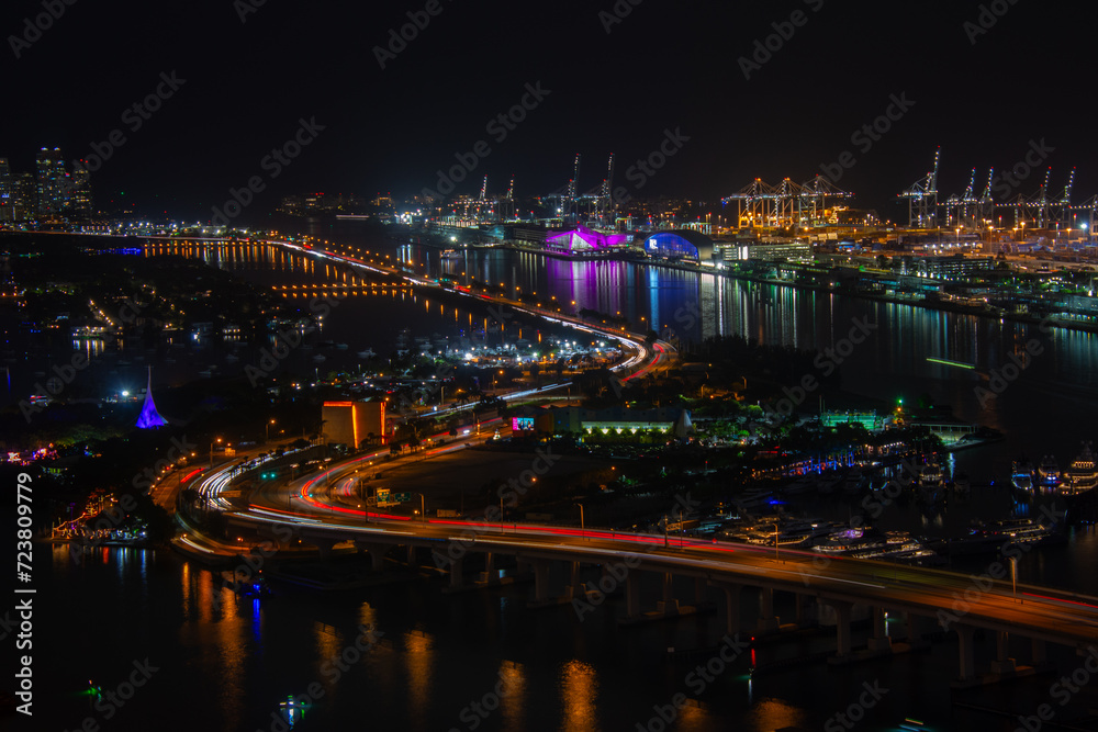 Night architecture of the city of Miami, in the south of the United States