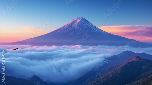 The mountain in Winter, looks very beautiful and a vast expanse of clouds stretches, there is an eagle seen, Seamless looping time-lapse animation video background  Generated AI  photo