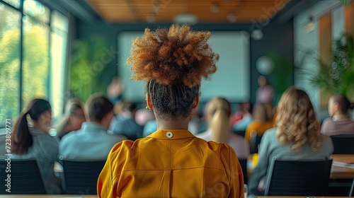 Woman with curly hair at a presentation in a well-lit conference room.