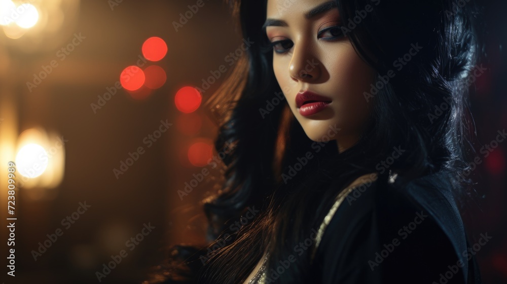 A woman with long black hair wearing a black top. Perfect for fashion and lifestyle projects A woman with long black hair wearing a black top. Perfect for fashion and lifestyle projects