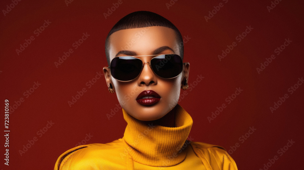 Fashionable african american woman in sunglasses on red background