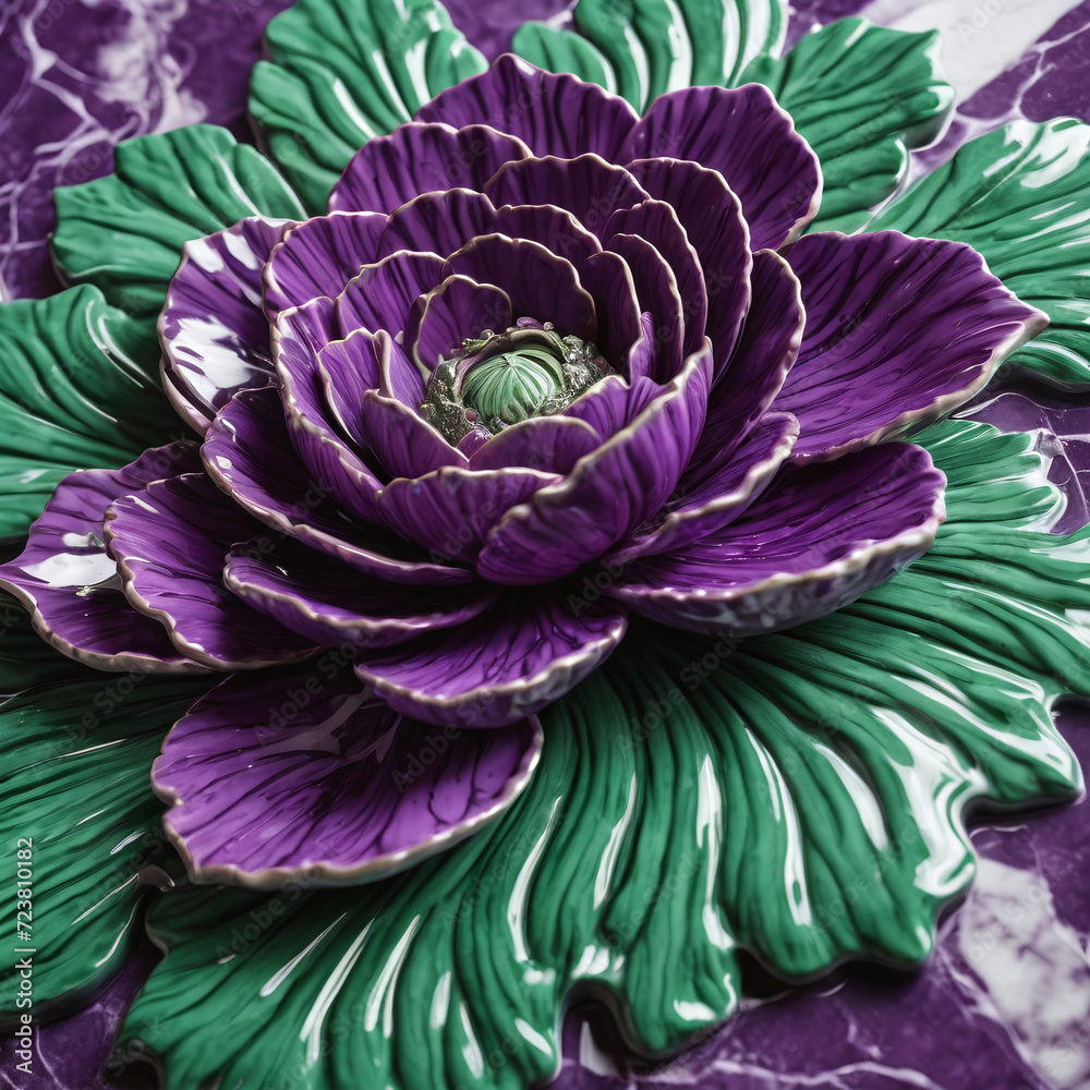 Fototapeta premium 3D wallpaper bump adorned with a mandala and decorative a green and purple marble background.