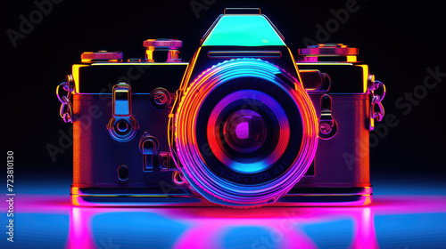 Neon digital camera abstract on dark background