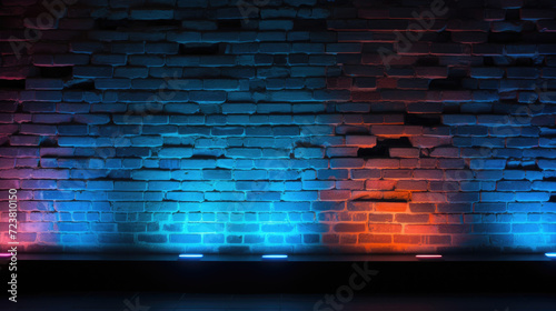 Neon illuminated brick wall background with empty space for product placement