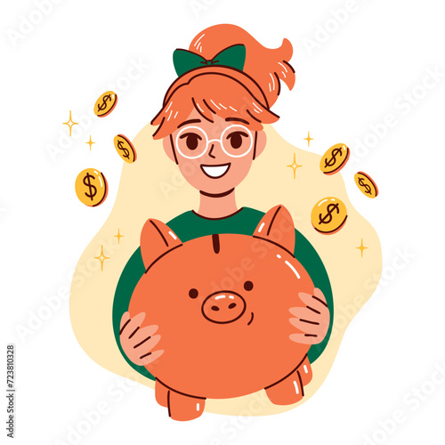 Cute cartoon redhead girl in glasses holding a piggy bank in her hands. 
Hand-drawn flat vector illustration with the concept of saving money for kids. Pocket money, financial education for children.