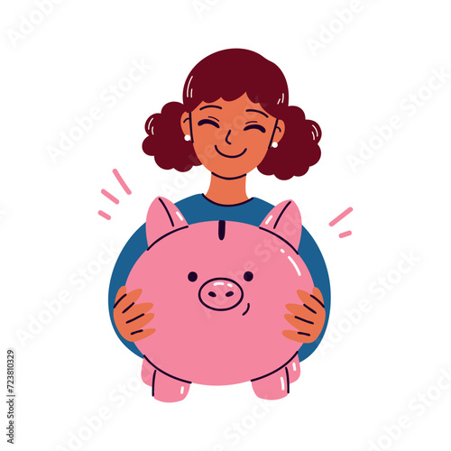 Smiling preteen schoolgirl kid with a piggy bank in her hands isolated on a white background. Flat vector illustration of an African-American female character planning finance, money economy concept. 
