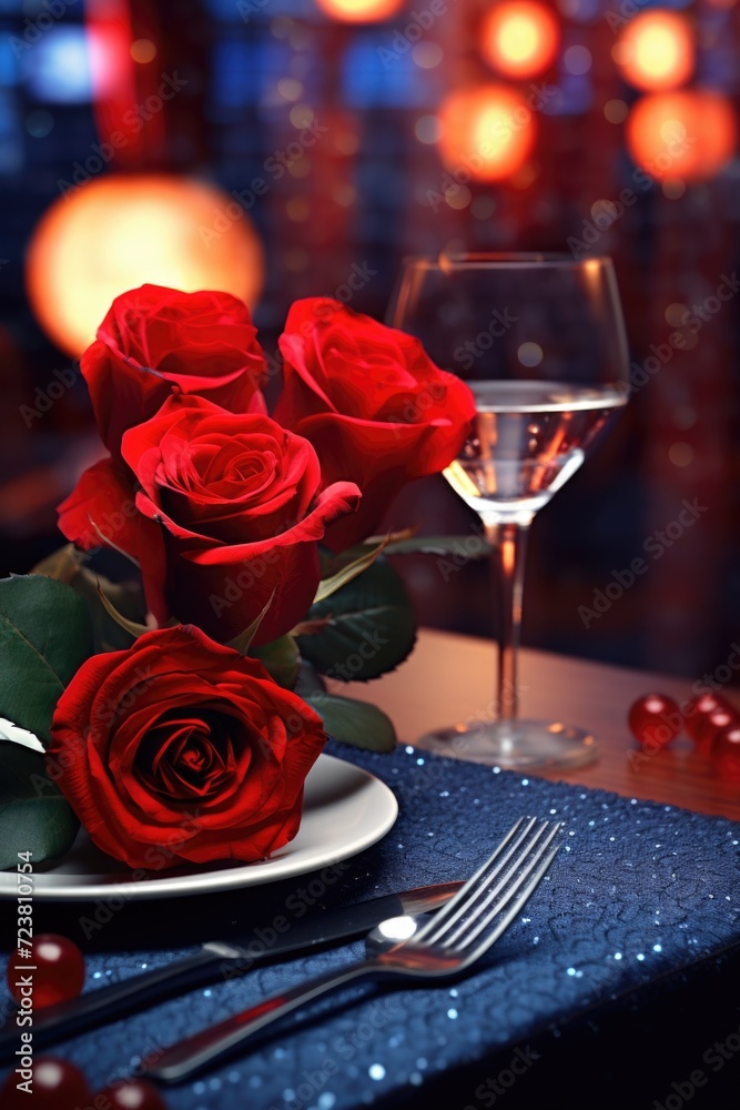 A beautifully arranged table setting with red roses and a glass of wine. Perfect for romantic occasions or elegant dining events A beautifully arranged table setting with red roses and a glass of wine. Perfect for romantic occasions or elegant dining events