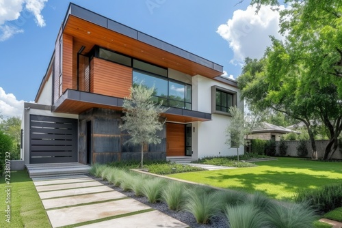 Contemporary and modern style house facade  finished with wood  metal and cement  architecture concept.