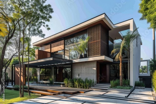 Contemporary and modern style house facade, finished with wood, metal and cement, architecture concept.