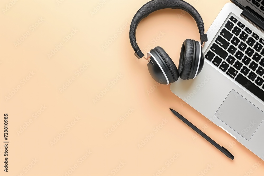 Headphone and laptop on beige background, technology concept. Headphone and laptop on beige background, technology concept.