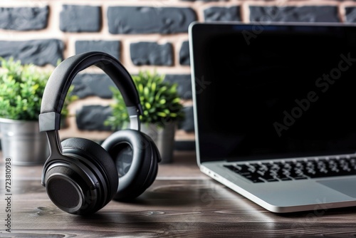 Headphone and laptop on table, background with brick wall, technology concept.