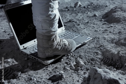 Laptop on the surface of the moon and astronaut footprints, technology and science concept. photo