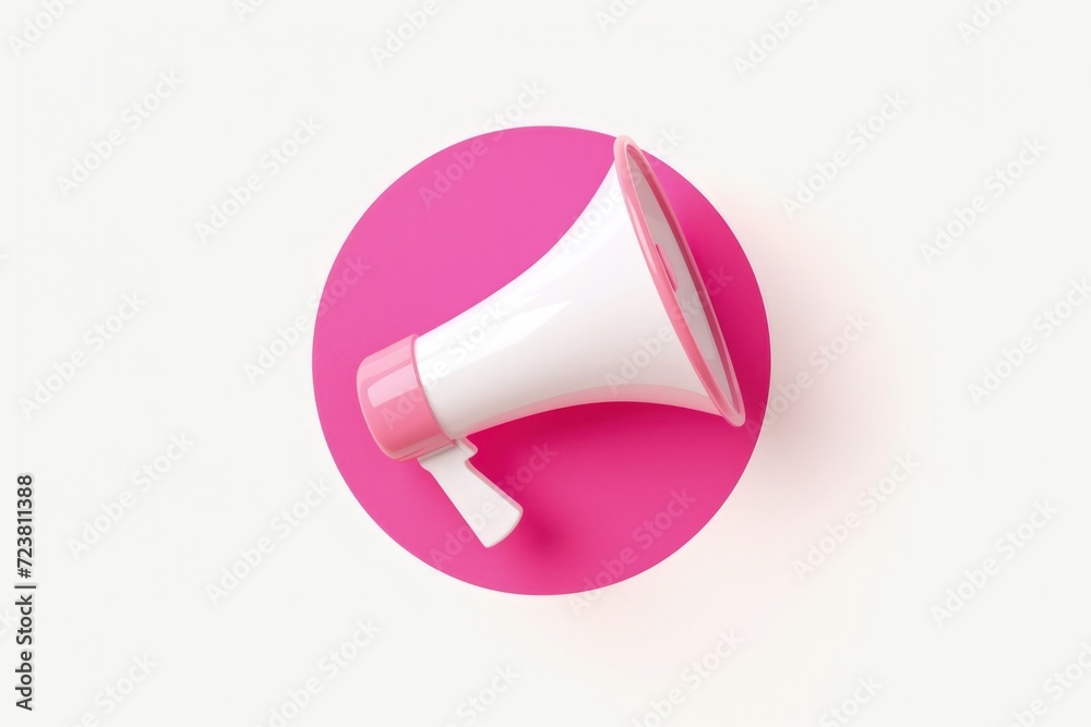 Megaphone icon in pink circle, advertising and sales concept, white background.