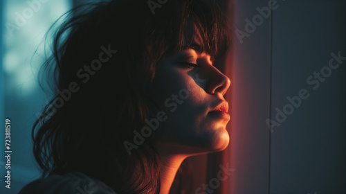 Profile of a contemplative young woman in a neon glow, her features cast in dramatic light and shadow