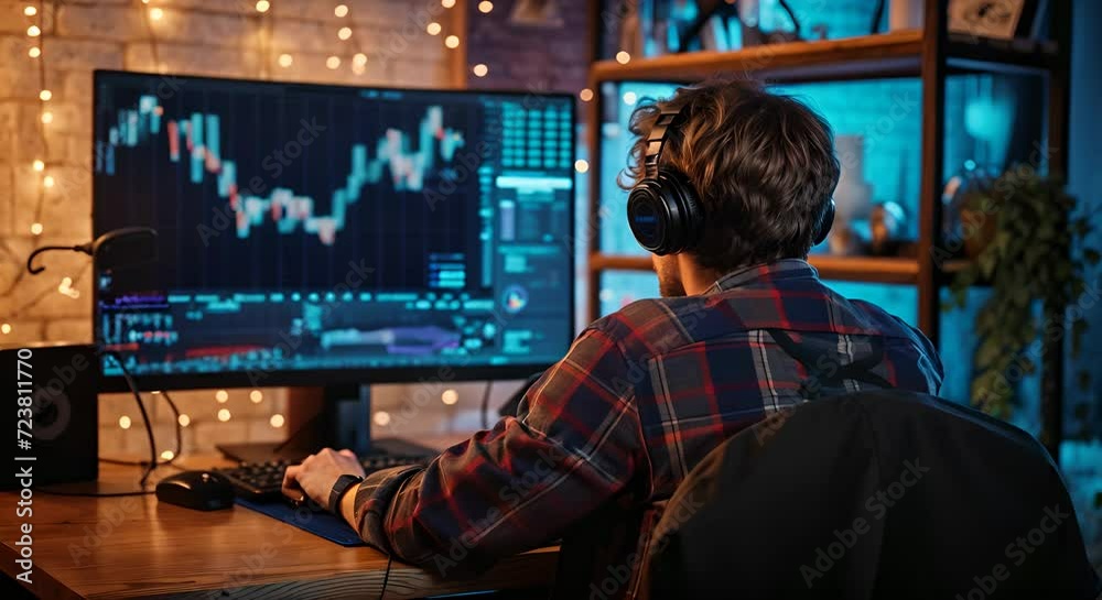 Crypto Investor Watching The Chart and Investing From His Office