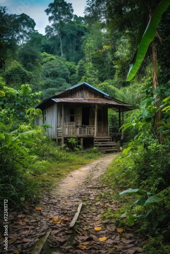 Simple old wooden hut in the middle of a jungle.