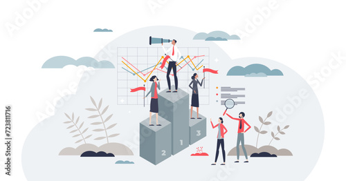 Competitor benchmarking tools to evaluate company tiny person concept, transparent background. Product, service or performance comparison with other businesses in market illustration.