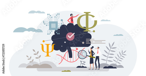 Cognitive science as study about thinking mind process tiny person concept, transparent background. Linguistics, psychology, neuroscience.