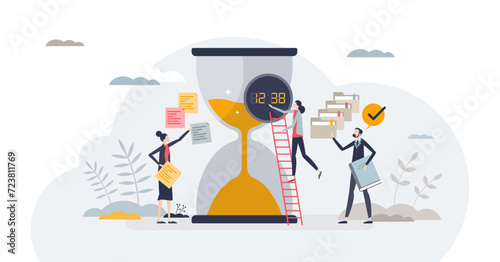 Billede på lærred Effective time allocation with hourglass as work planning tiny person concept, transparent background