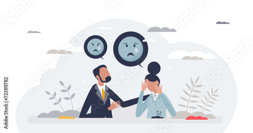 Empathy as psychological understanding or intelligence tiny person concept, transparent background. Friendship support in depression or grief moment illustration.